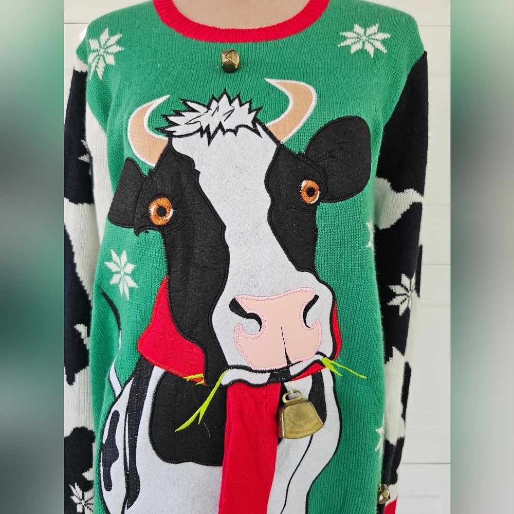 Jolly Sweaters Cow Christmas Ugly Sweater Large Festive Holiday Knit Retro Fun - Picture 3 of 12
